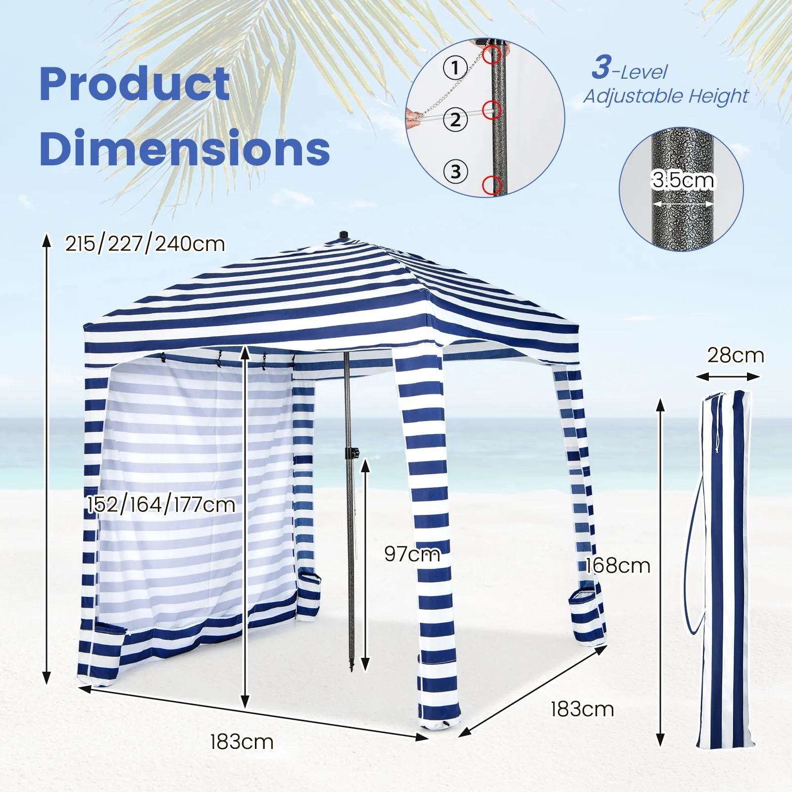 183 x 183 cm Foldable Beach Sun Shelter with Carrying Bag