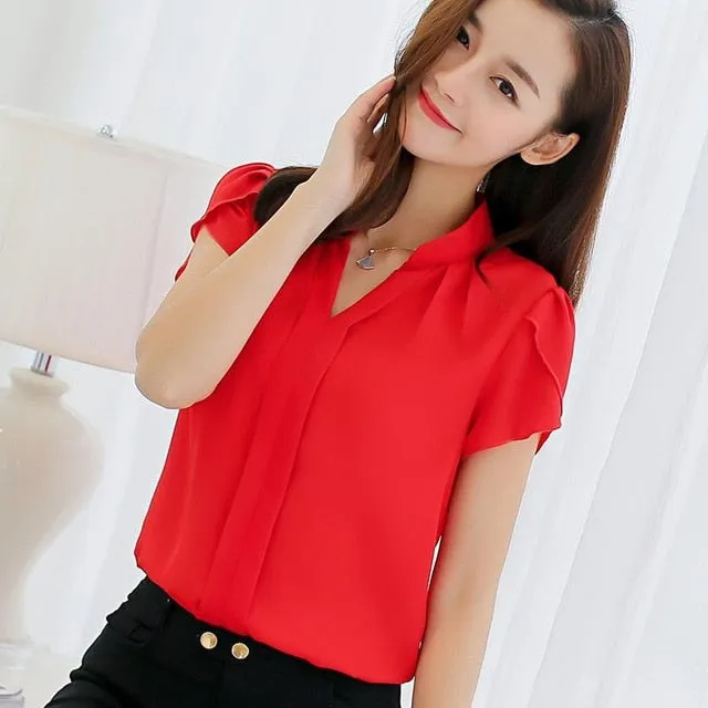 2019 Summer Women Chiffon Blouse Short Sleeve Red Ladies Office Ladies Shirts Plus Size Work Top Plus Size Casul Female Clothing