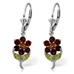 2.12 Carat 14K Solid White Gold Flowers Earrings Garnet, Citrine Peridot