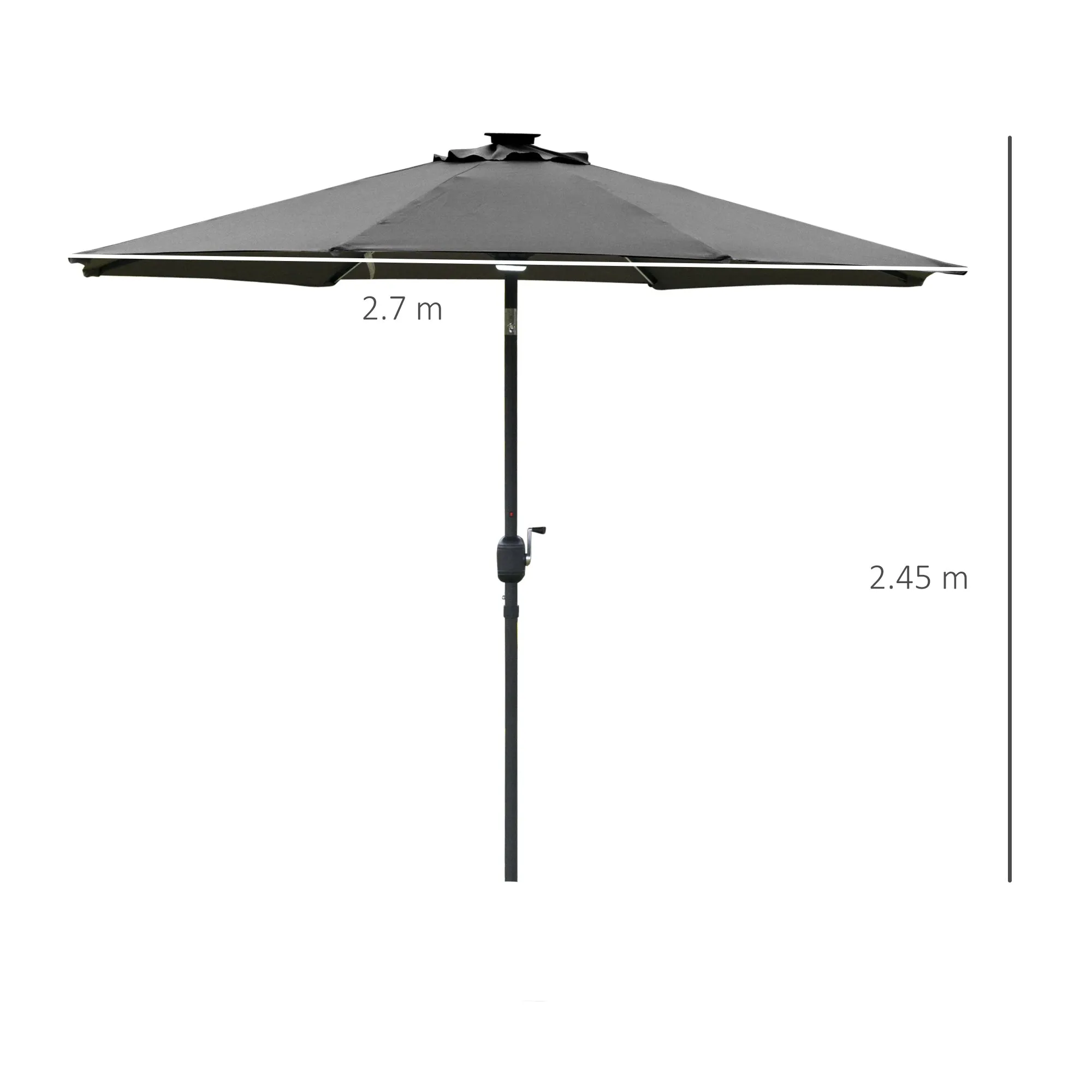 2.7m Garden Parasol Sun Umbrella Patio Summer Shelter w/ LED Solar Light, Angled Canopy Vent, Crank Tilt, Grey