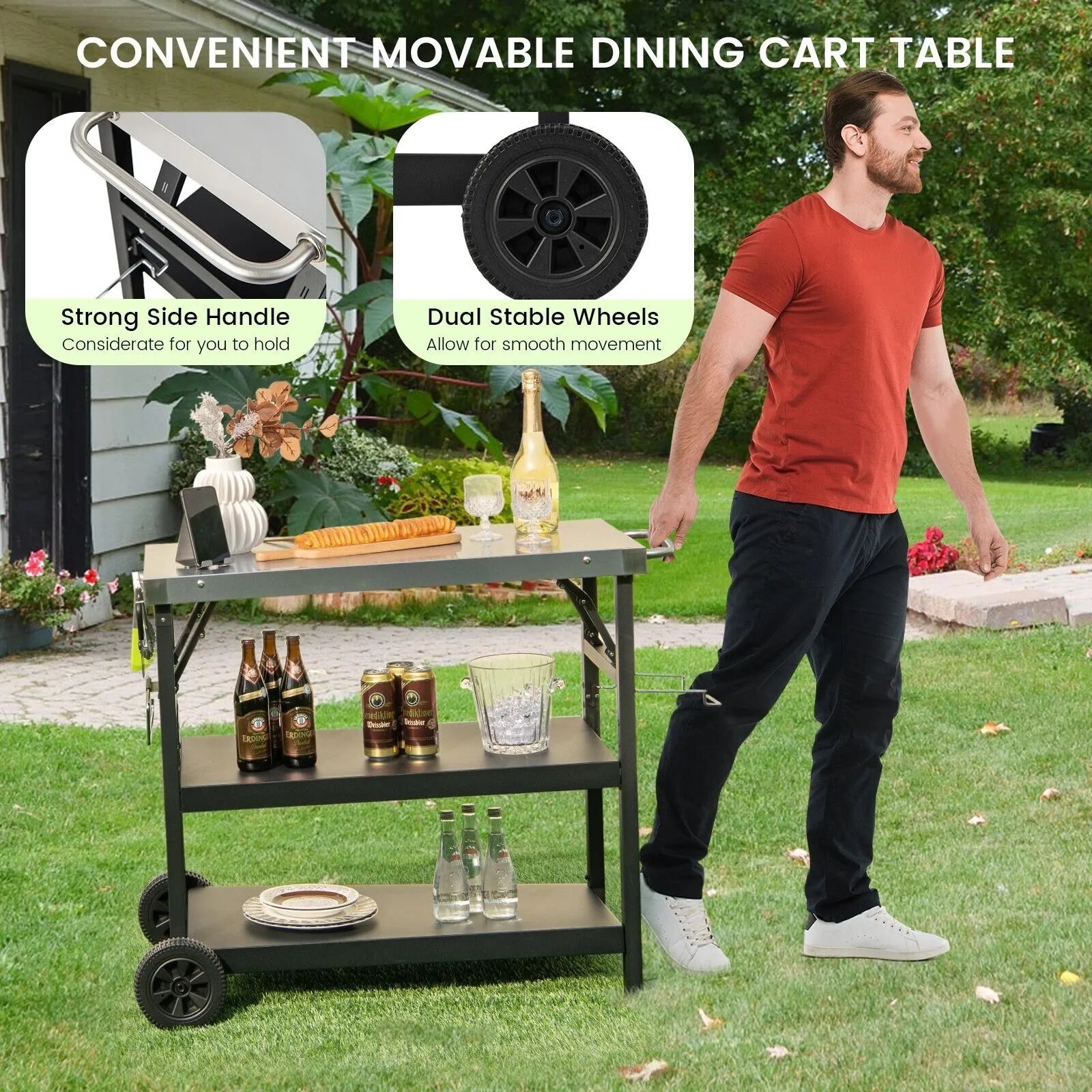 3-Tier Foldable Stainless Outdoor Cart with 2 Wheels-Black