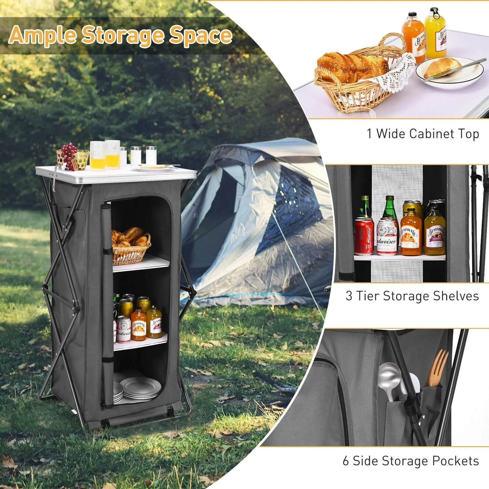 3-Tier Folding Camping Storage Cabinet with Side Pockets and Carry Bag-L