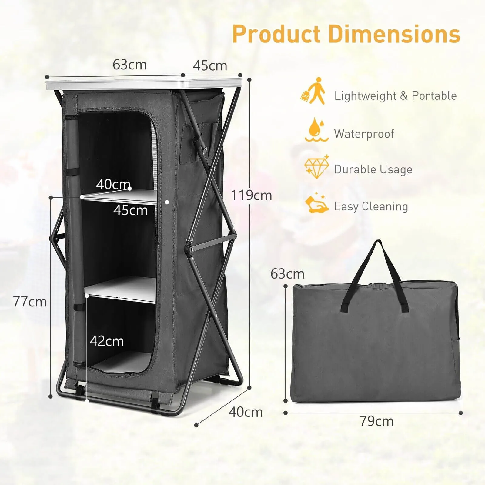 3-Tier Folding Camping Storage Cabinet with Side Pockets and Carry Bag-L