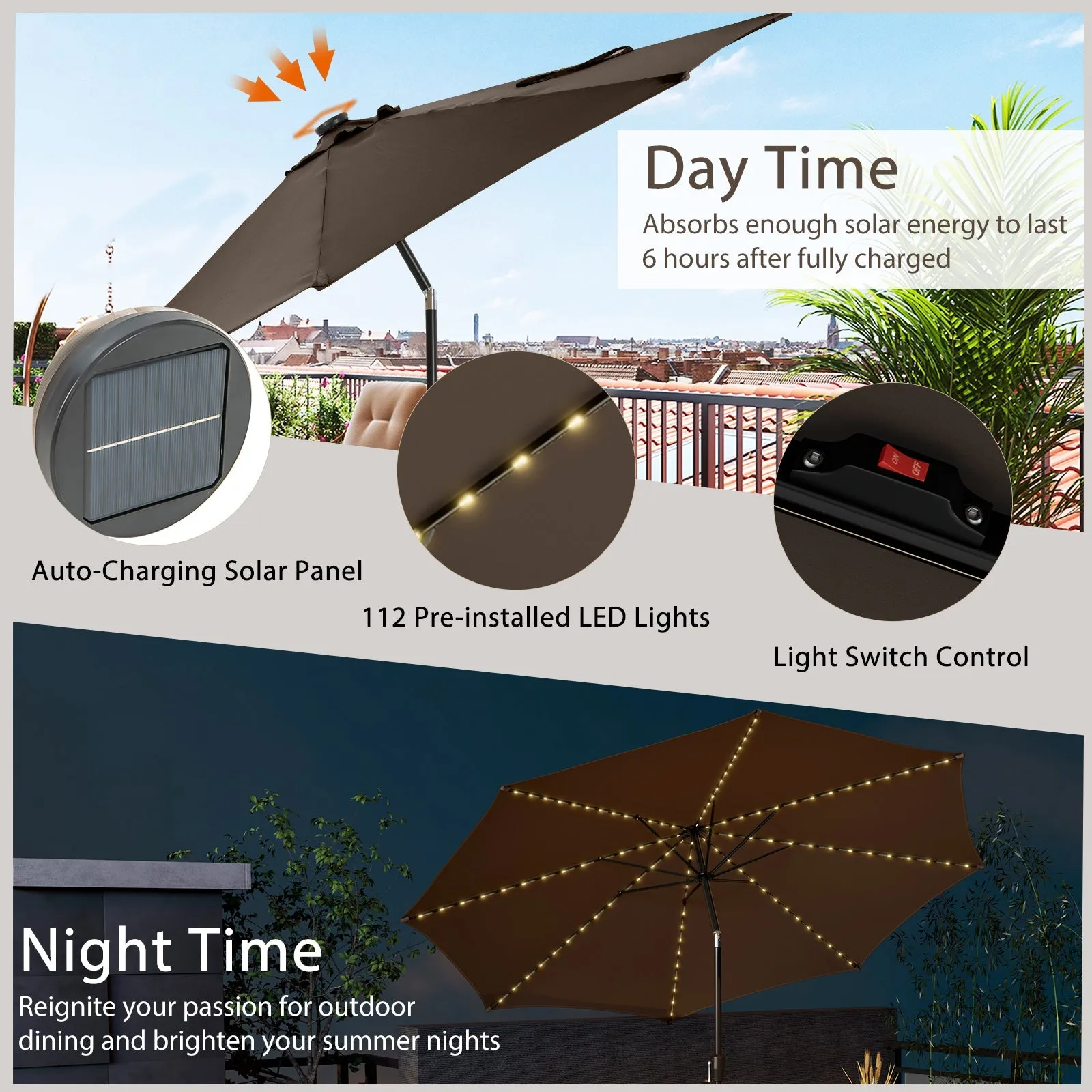 3m Patio Umbrella with 112 Solar Powered LED Lights and Crank Handle-Tan