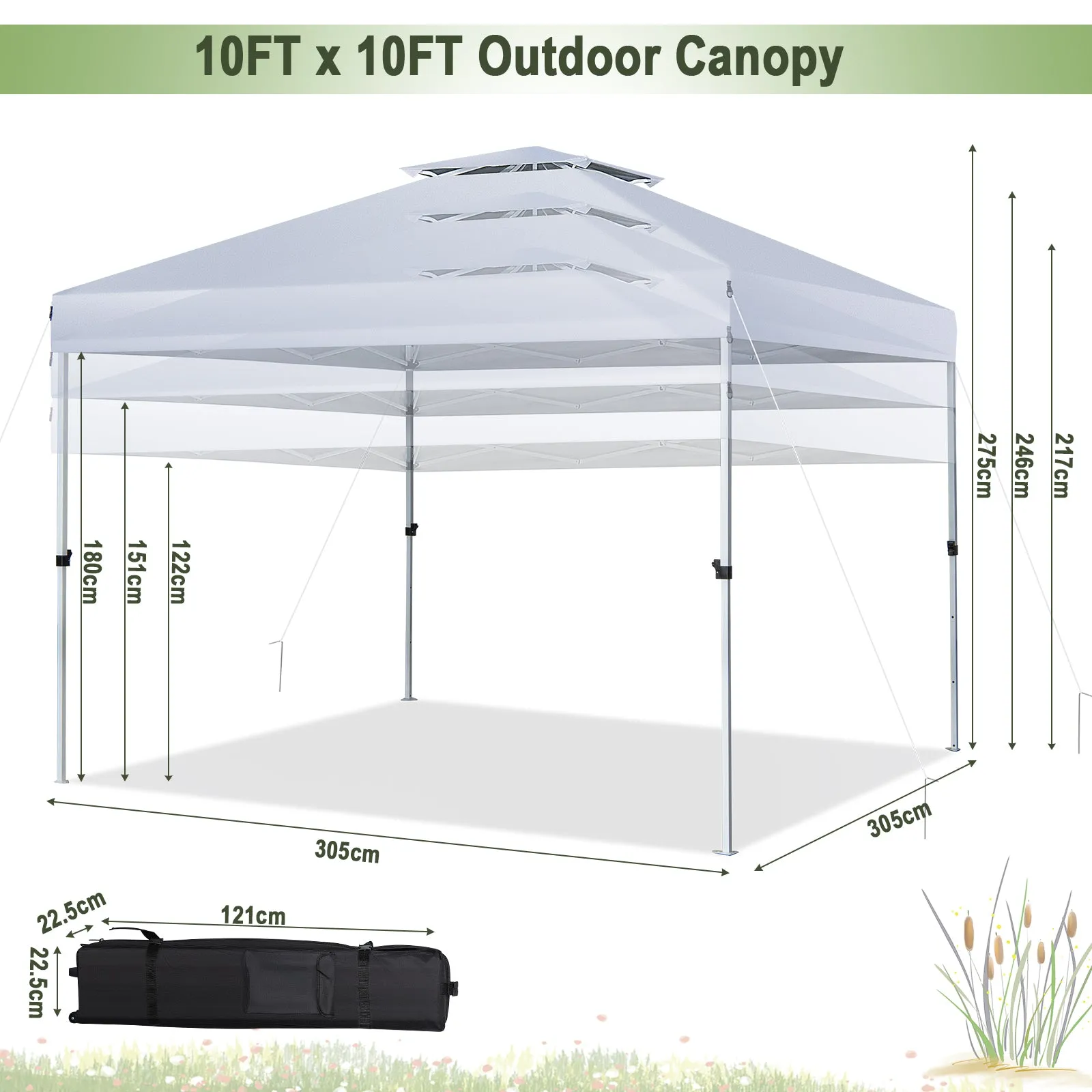 3m x 3m Pop Up Gazebo with Adjustable Height and Double Vented Roof-White