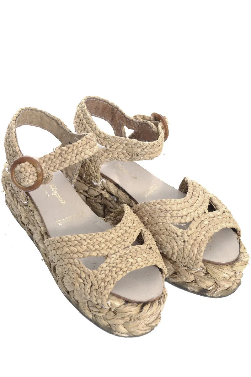 7.5 Robert Clergerie Natural Raffia Wedge Sandals Made in France