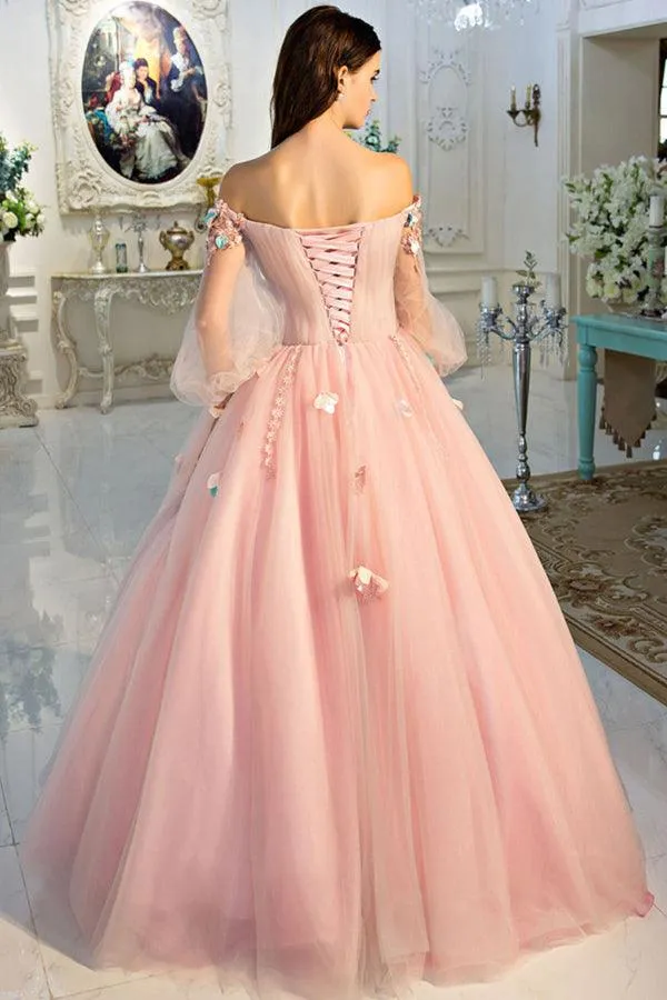 A-line Pink Off The Shoulder Long Prom Dress Sweet Evening Dress PSK286