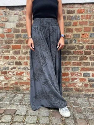 Abstract Leaf Print Palazzo Trousers Dark Charcoal Grey