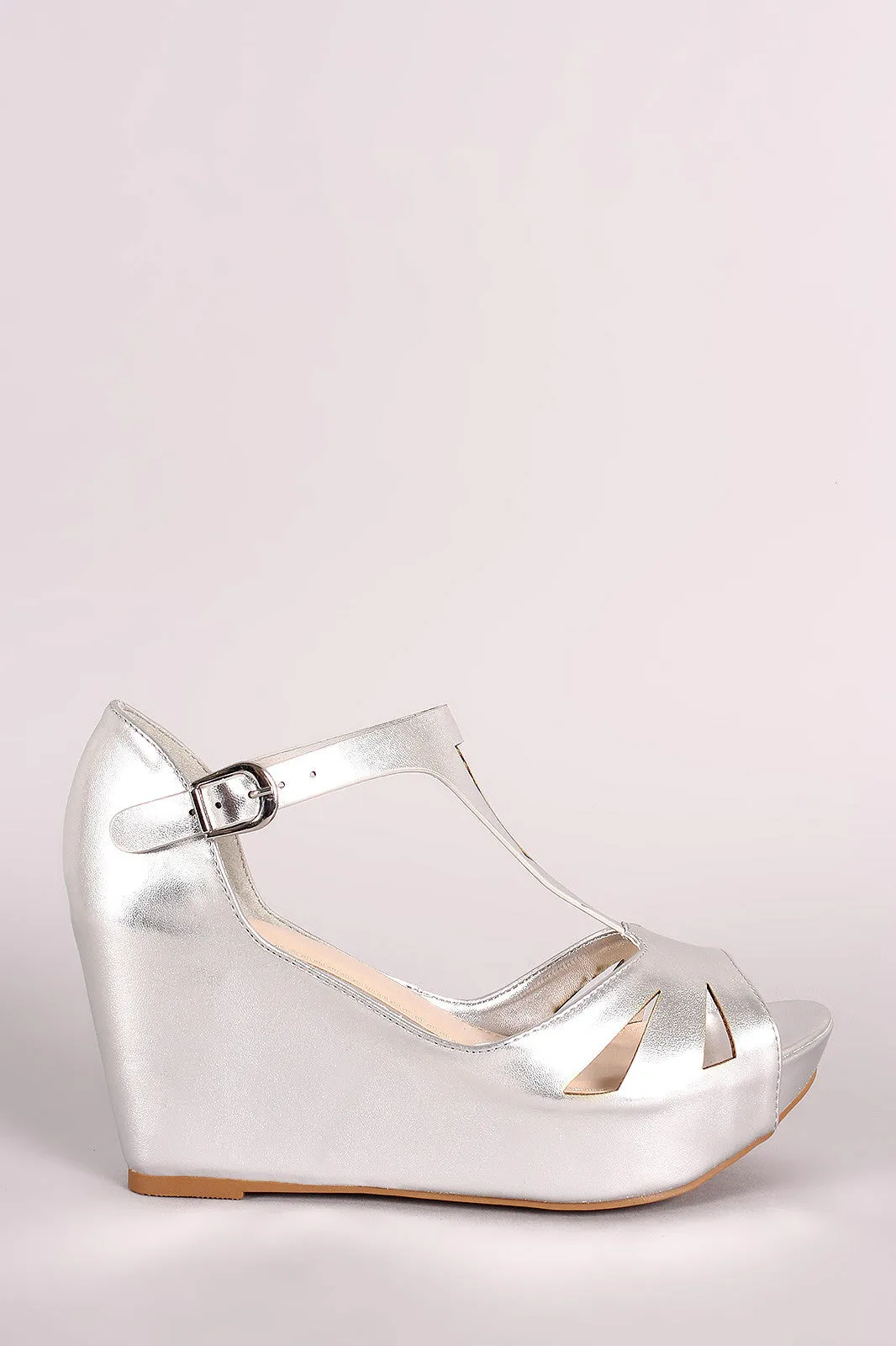 Bamboo Metallic Cutout Peep Toe Platform Wedge