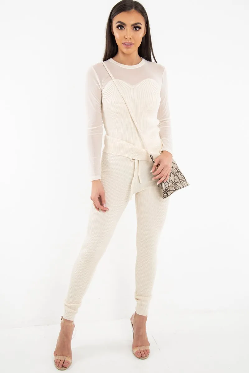 Beige Rib Knit Mesh Insert Loungewear Set - Genavie