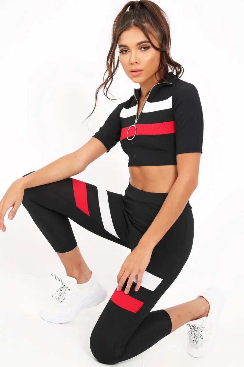 Black And Red Stripe Crop Top And Leggings Co-Ord - Ramey