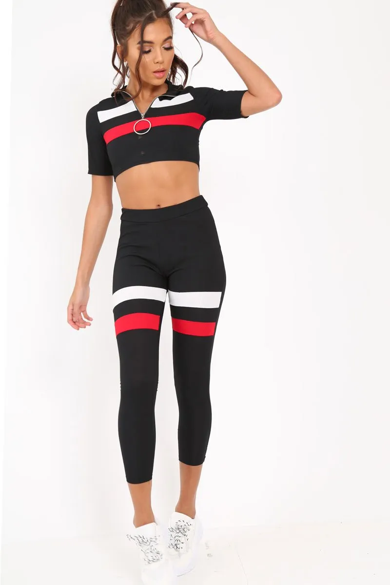 Black And Red Stripe Crop Top And Leggings Co-Ord - Ramey