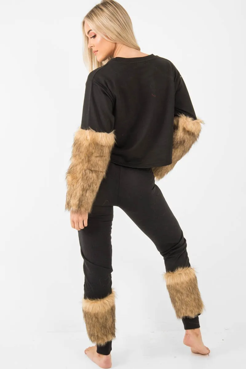 Black Faux Fur Front Tracksuit - Tabitha