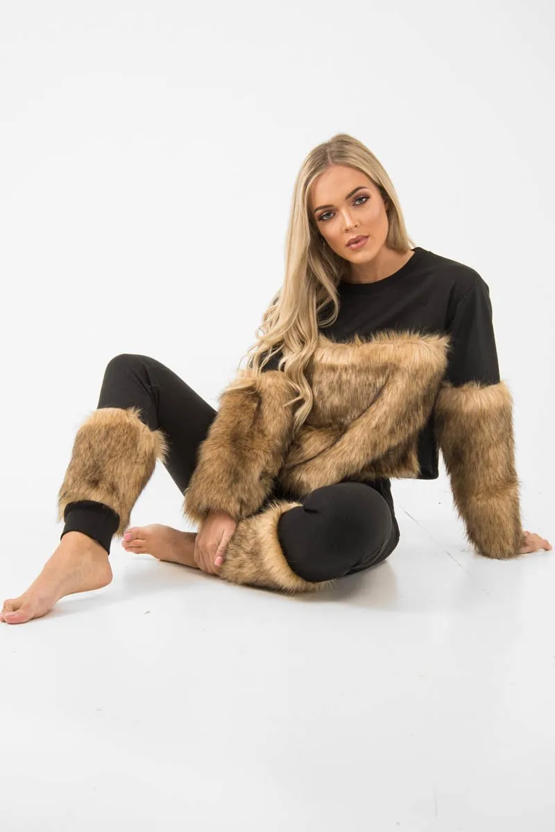 Black Faux Fur Front Tracksuit - Tabitha