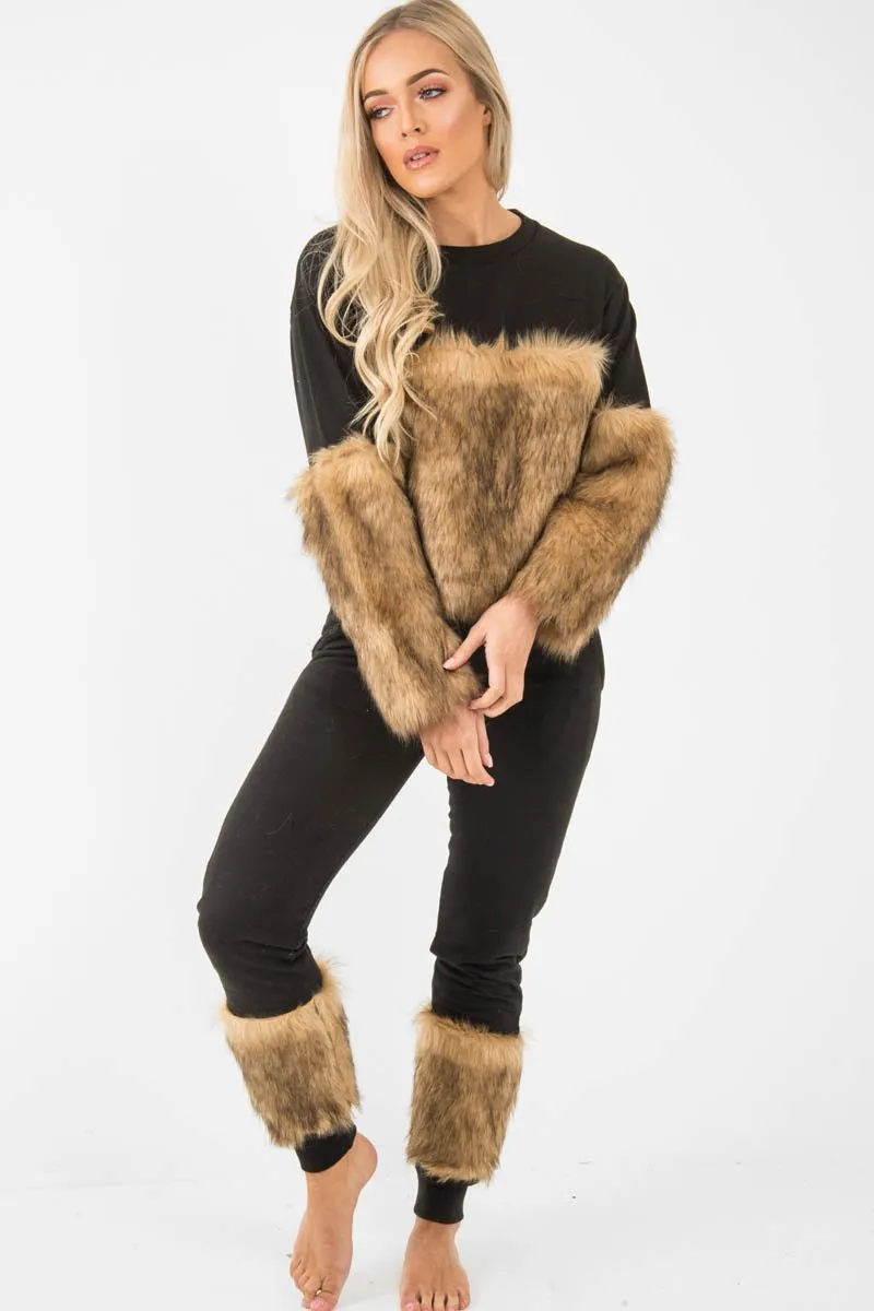 Black Faux Fur Front Tracksuit - Tabitha