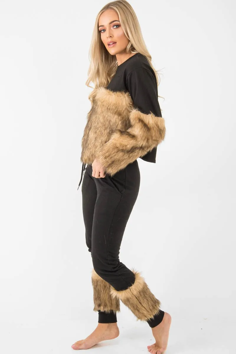 Black Faux Fur Front Tracksuit - Tabitha