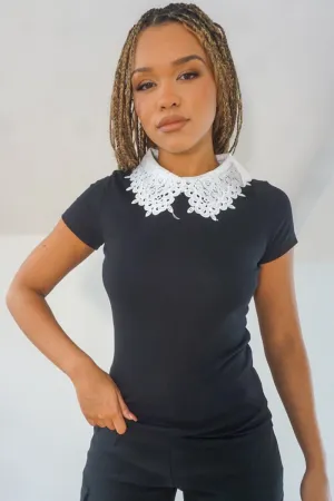 BLACK LACE COLLAR SHORT SLEEVE TOP