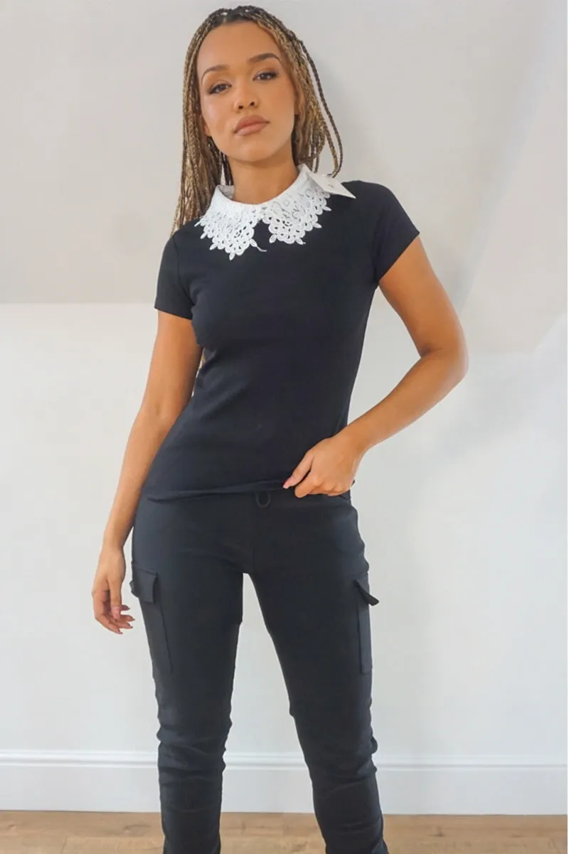 BLACK LACE COLLAR SHORT SLEEVE TOP