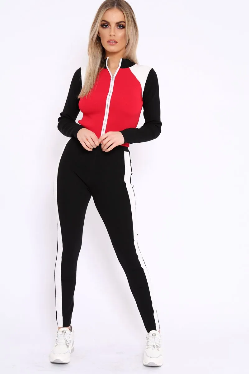 Black Red and White Colour Block Tracksuit - Kily