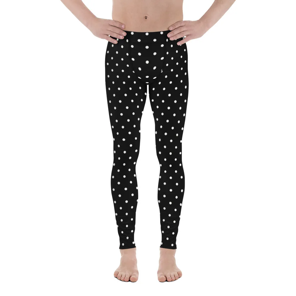 Black White Dots Meggings, Polka Dots Print Premium Men's Leggings-Made in USA/EU