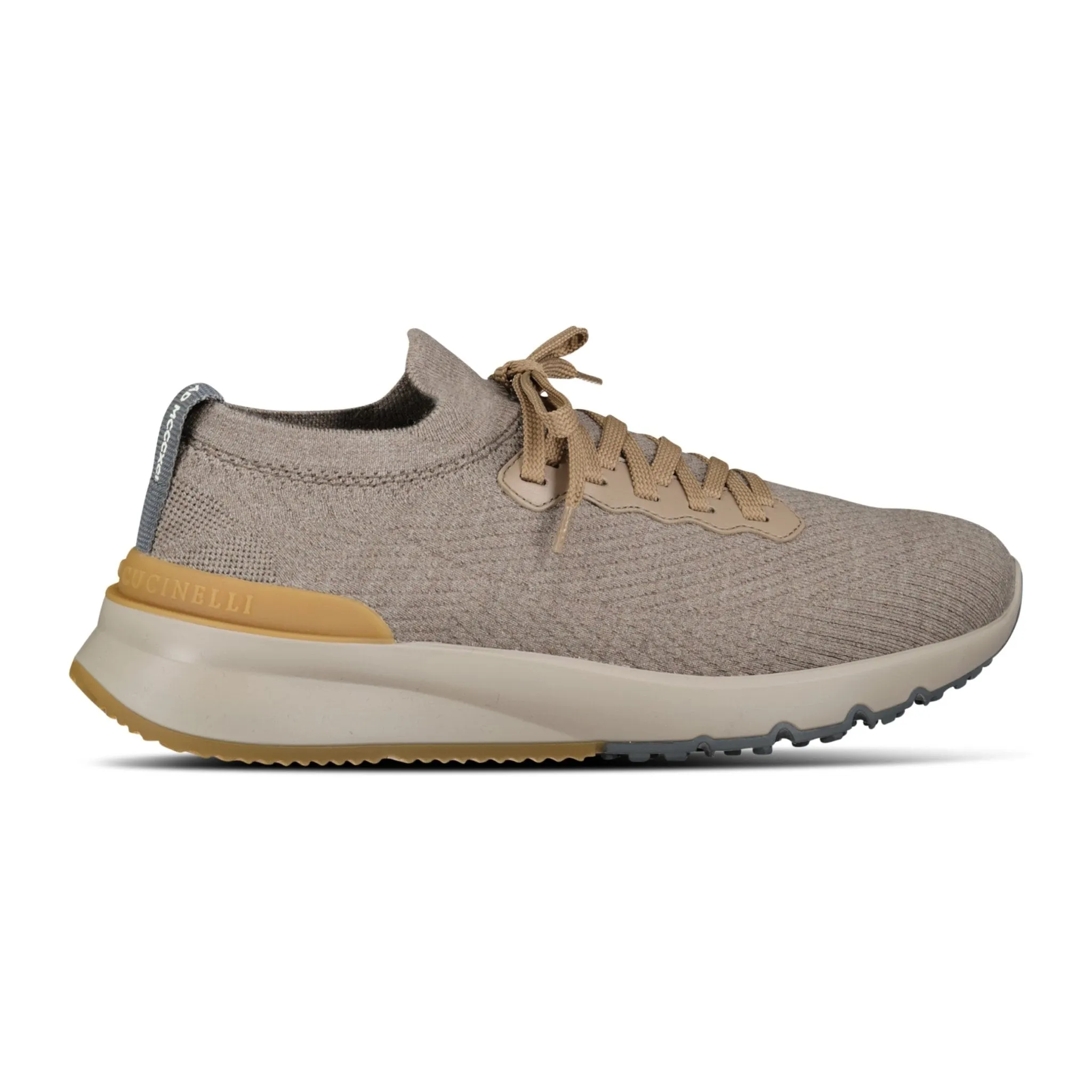 BRUNELLO CUCINELLI LEATHER-TRIMMED KNIT SNEAKERS TAUPE