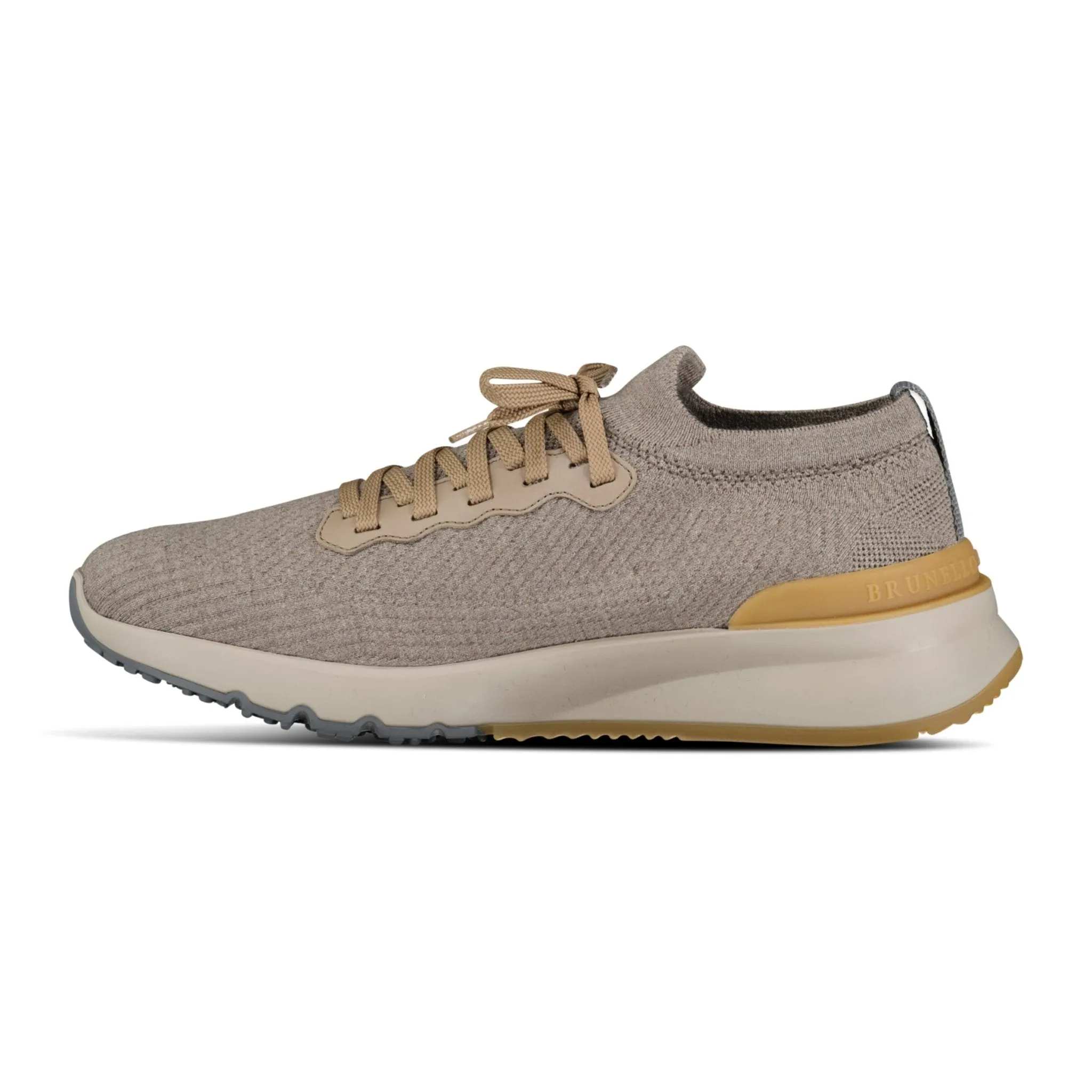 BRUNELLO CUCINELLI LEATHER-TRIMMED KNIT SNEAKERS TAUPE