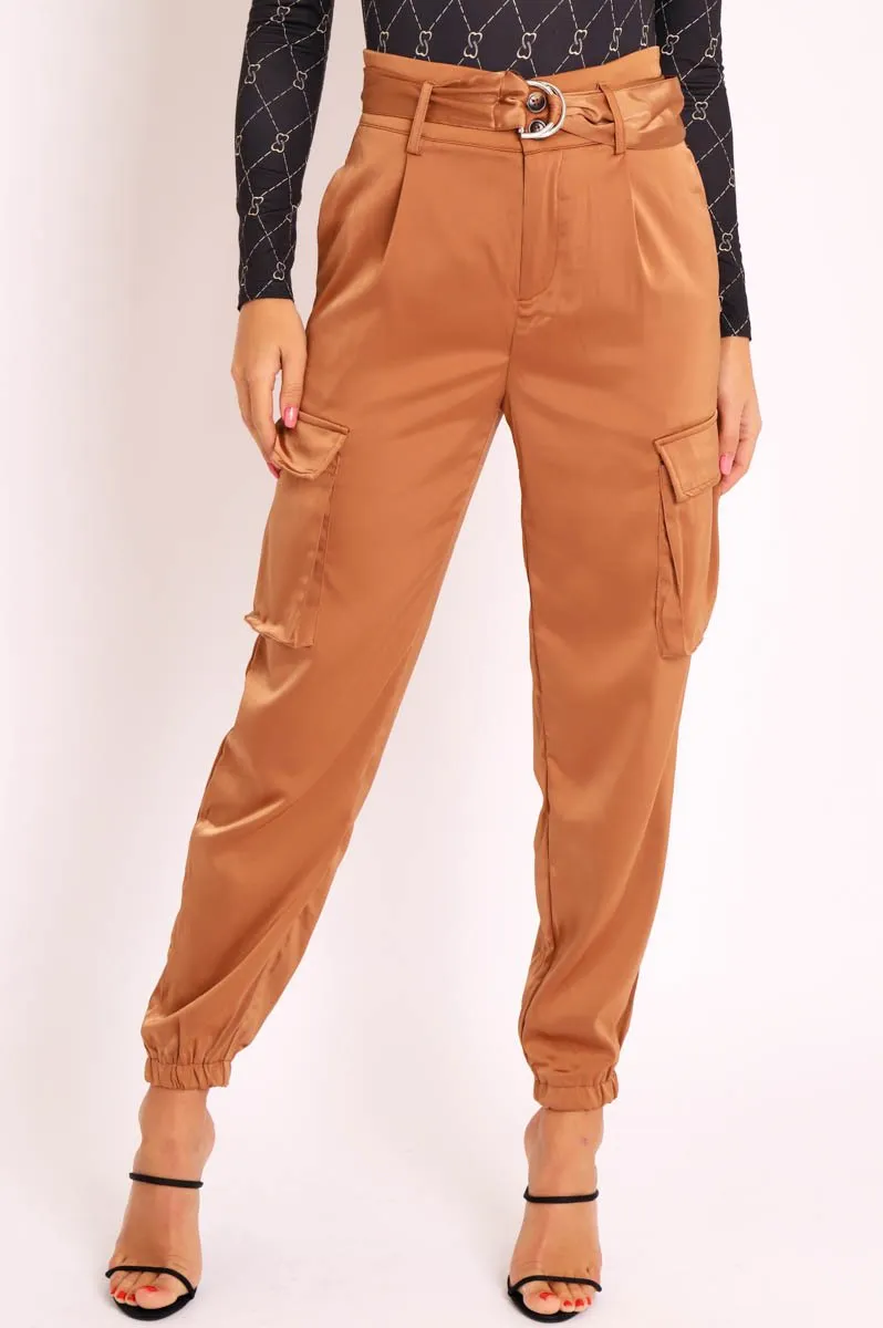 Camel Satin Belted Utility Pocket Double Buttoned Trousers - Una