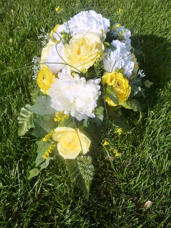 Cemetery flowers in Yellow and White, Yellow Rose Grave site spray