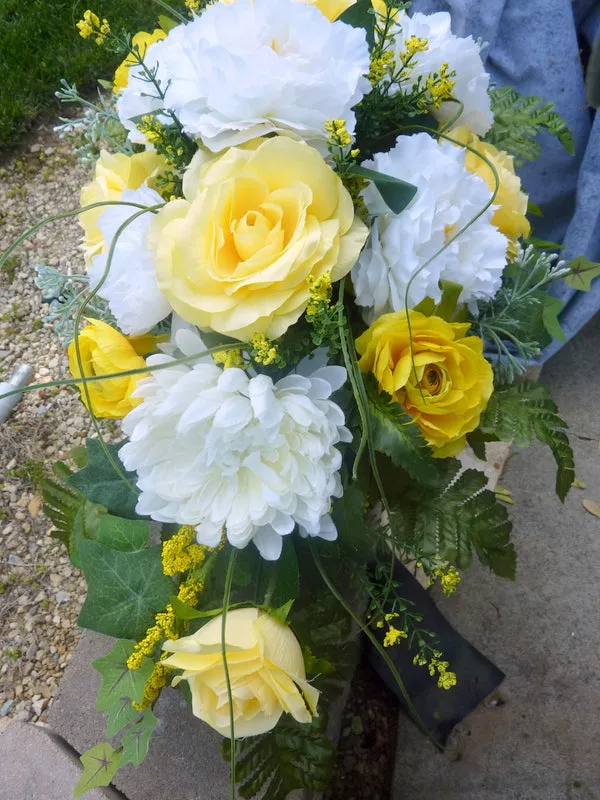 Cemetery flowers in Yellow and White, Yellow Rose Grave site spray