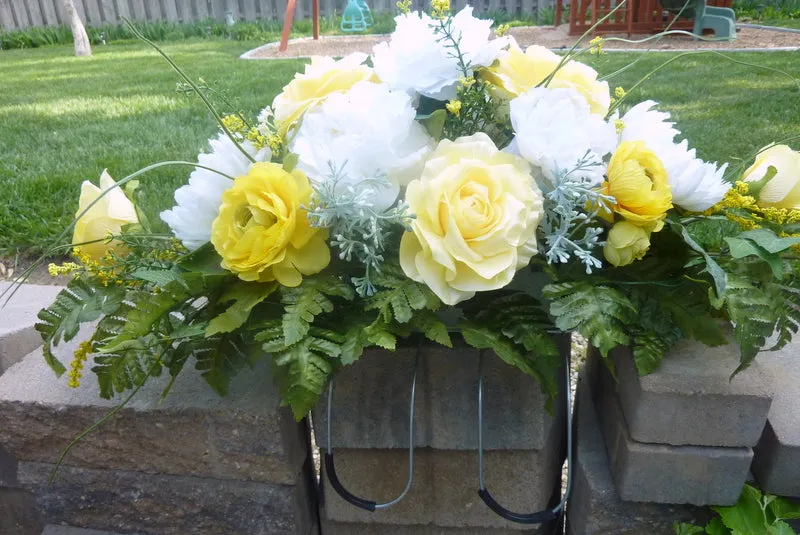 Cemetery flowers in Yellow and White, Yellow Rose Grave site spray