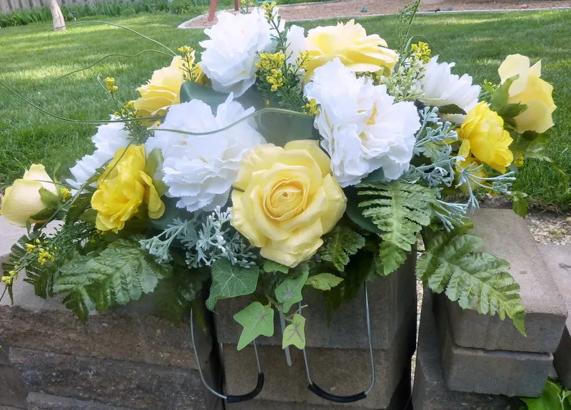 Cemetery flowers in Yellow and White, Yellow Rose Grave site spray