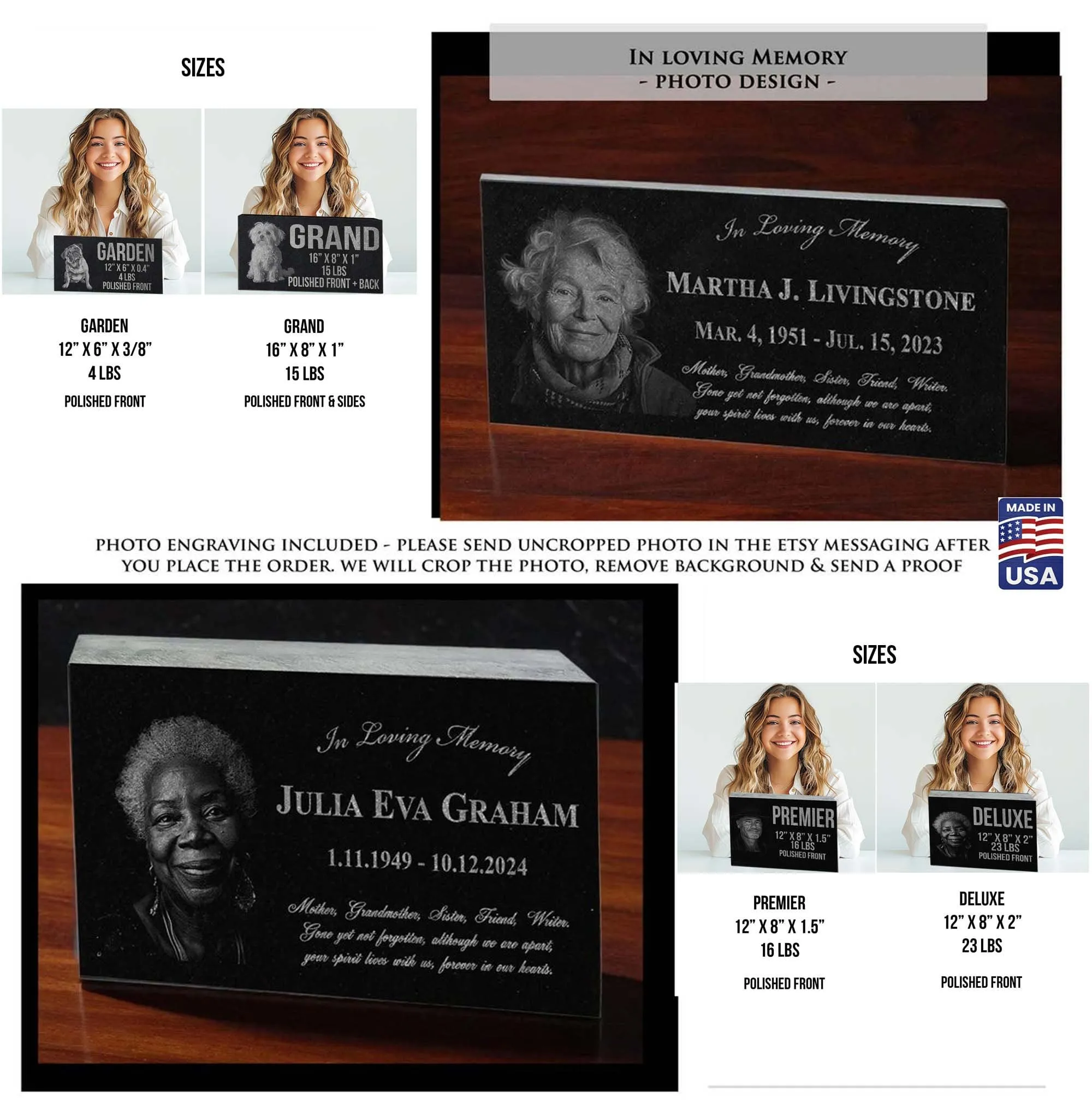 Custom Photo Laser Engraved Granite Headstone | Cemetery Grave Marker | Affordable Personalized Memorial Stone | Tombstone for Loved Ones