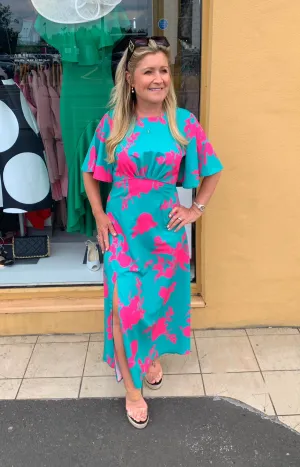 Day date Angel wing sleeve turquoise and fuchsia print  split dress