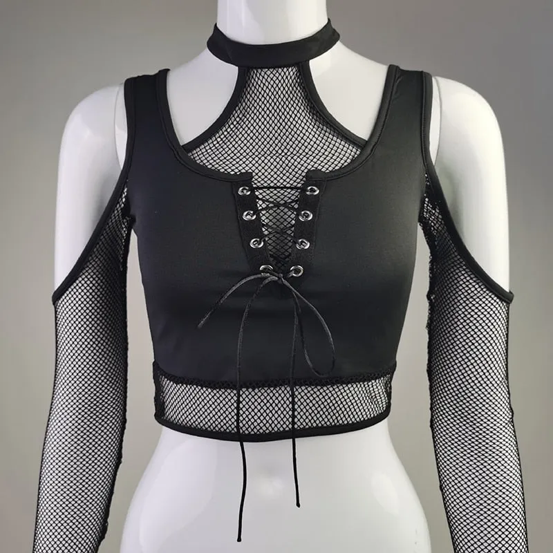 'Digging Your Grave' Black Alt Goth Fisnet Cut Out Top