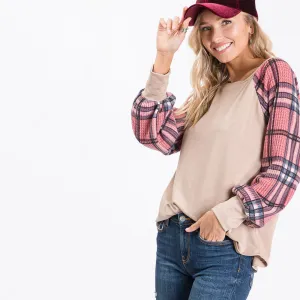 Eve Plaid Sleeve Top Beige