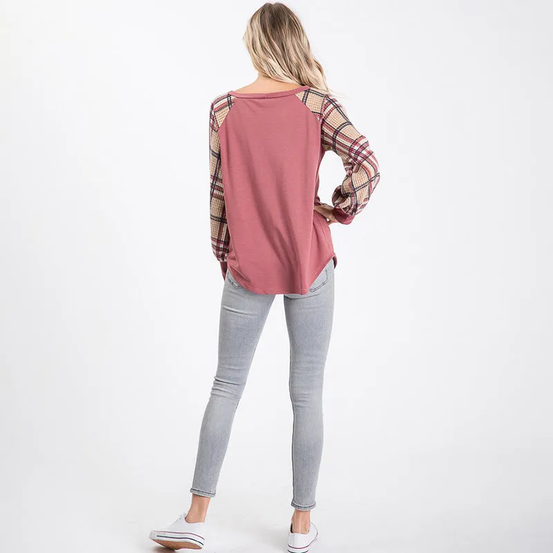 Eve Plaid Sleeve Top Mauve