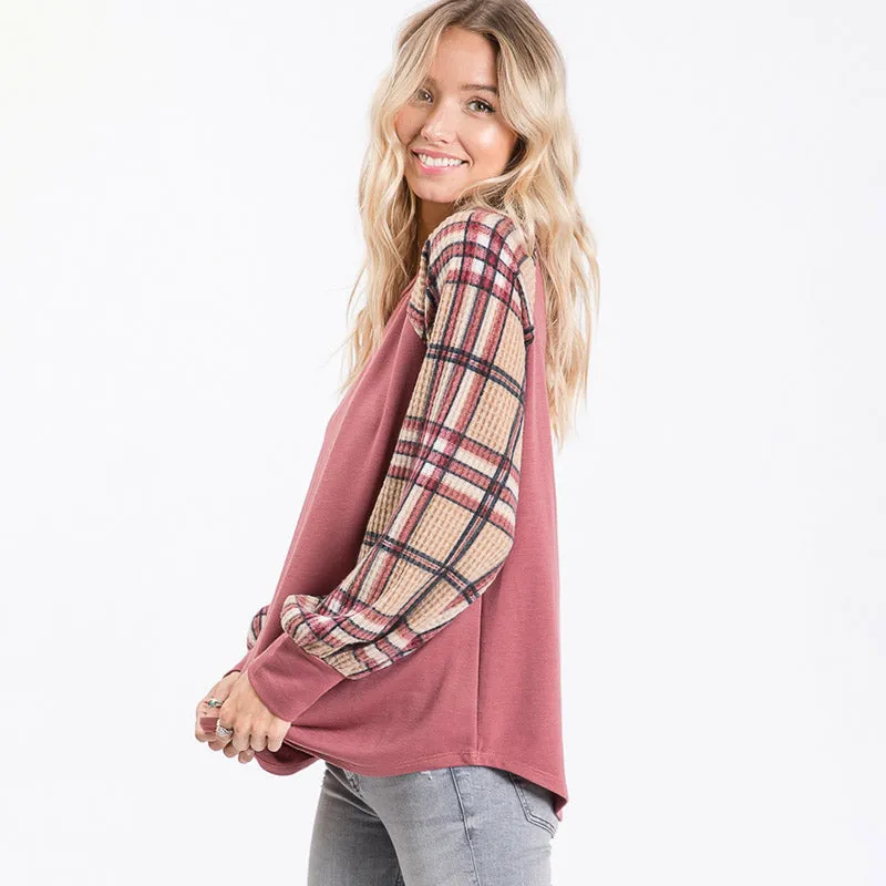 Eve Plaid Sleeve Top Mauve