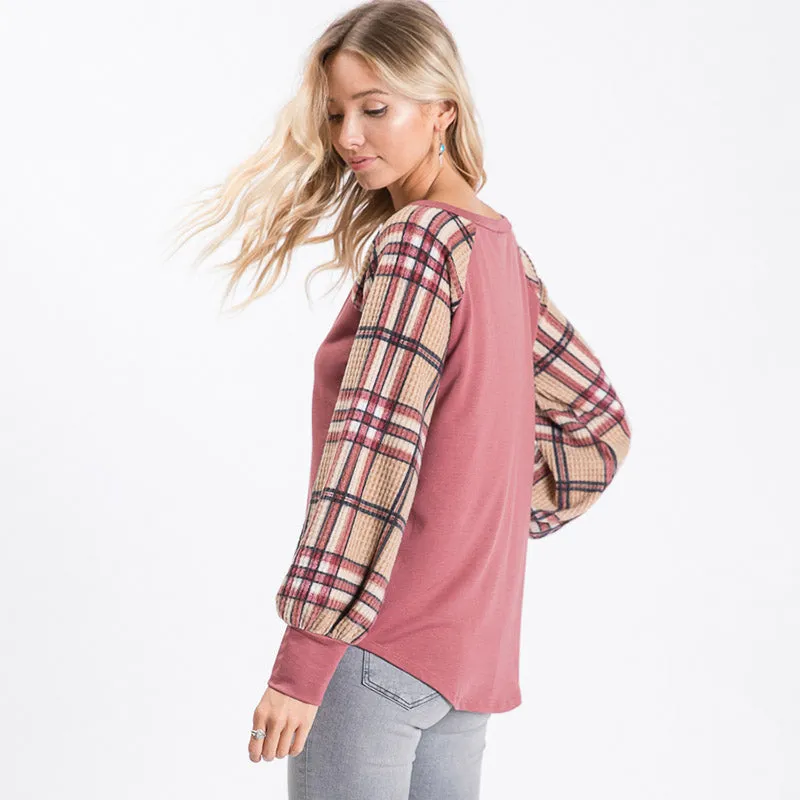 Eve Plaid Sleeve Top Mauve