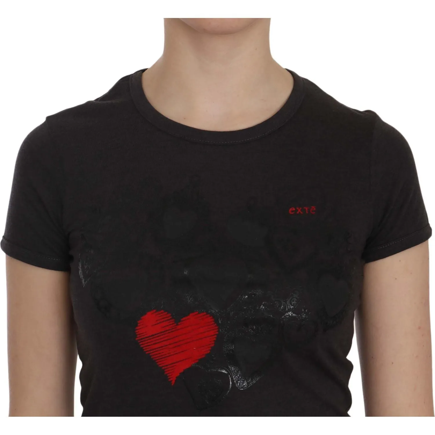 Exte Black Hearts Print Crew Neck Blouse