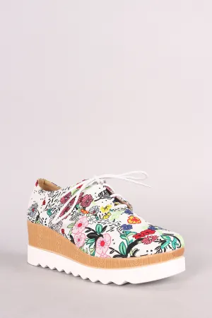 Floral Lug Sole Lace Up Oxford Platform Wedge