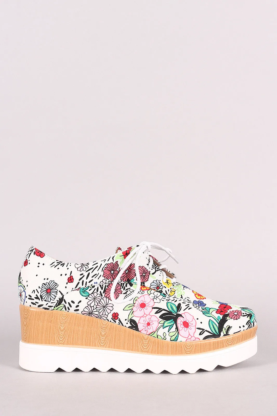 Floral Lug Sole Lace Up Oxford Platform Wedge