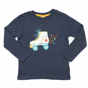 Frugi Girls T-Shirt Blue Navy Roller Skate Casual Cotton Long Sleeve Tops