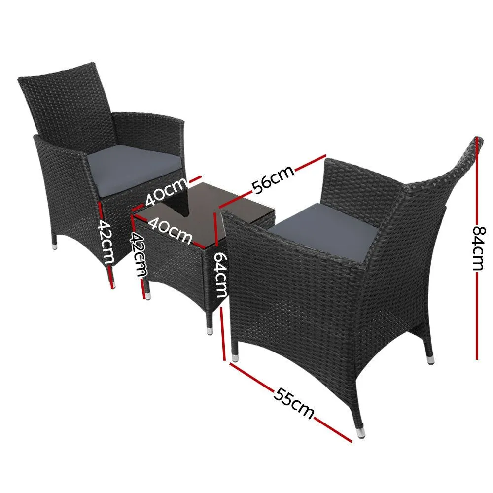 Gardeon Three Piece Bistro Wicker Outdoor Furniture Set Black