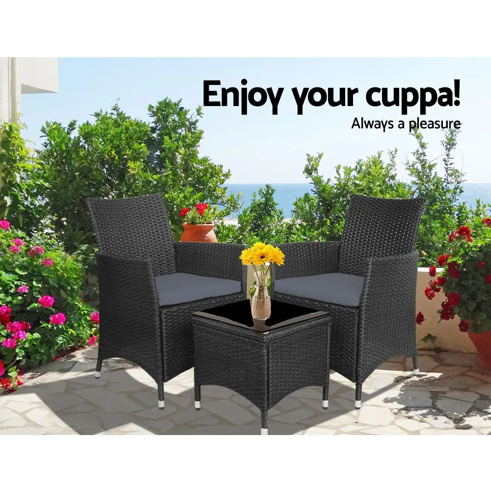 Gardeon Three Piece Bistro Wicker Outdoor Furniture Set Black