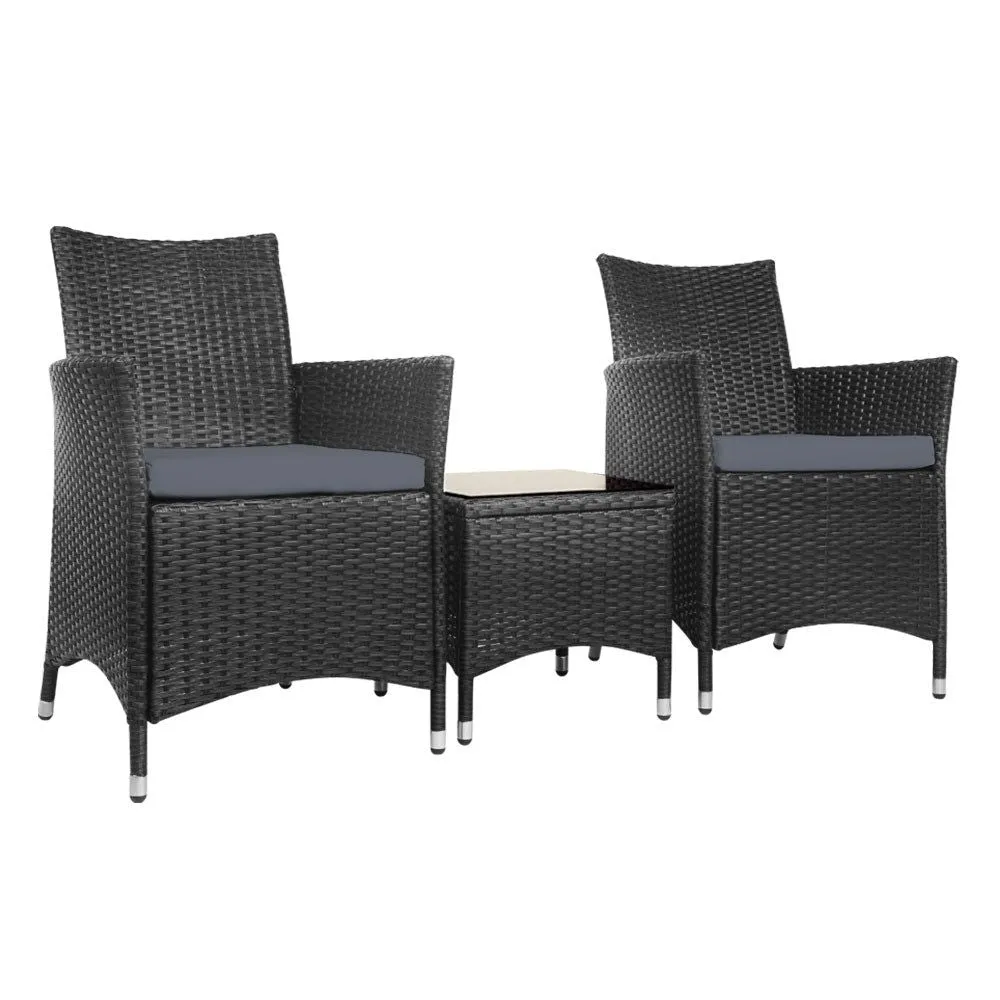 Gardeon Three Piece Bistro Wicker Outdoor Furniture Set Black