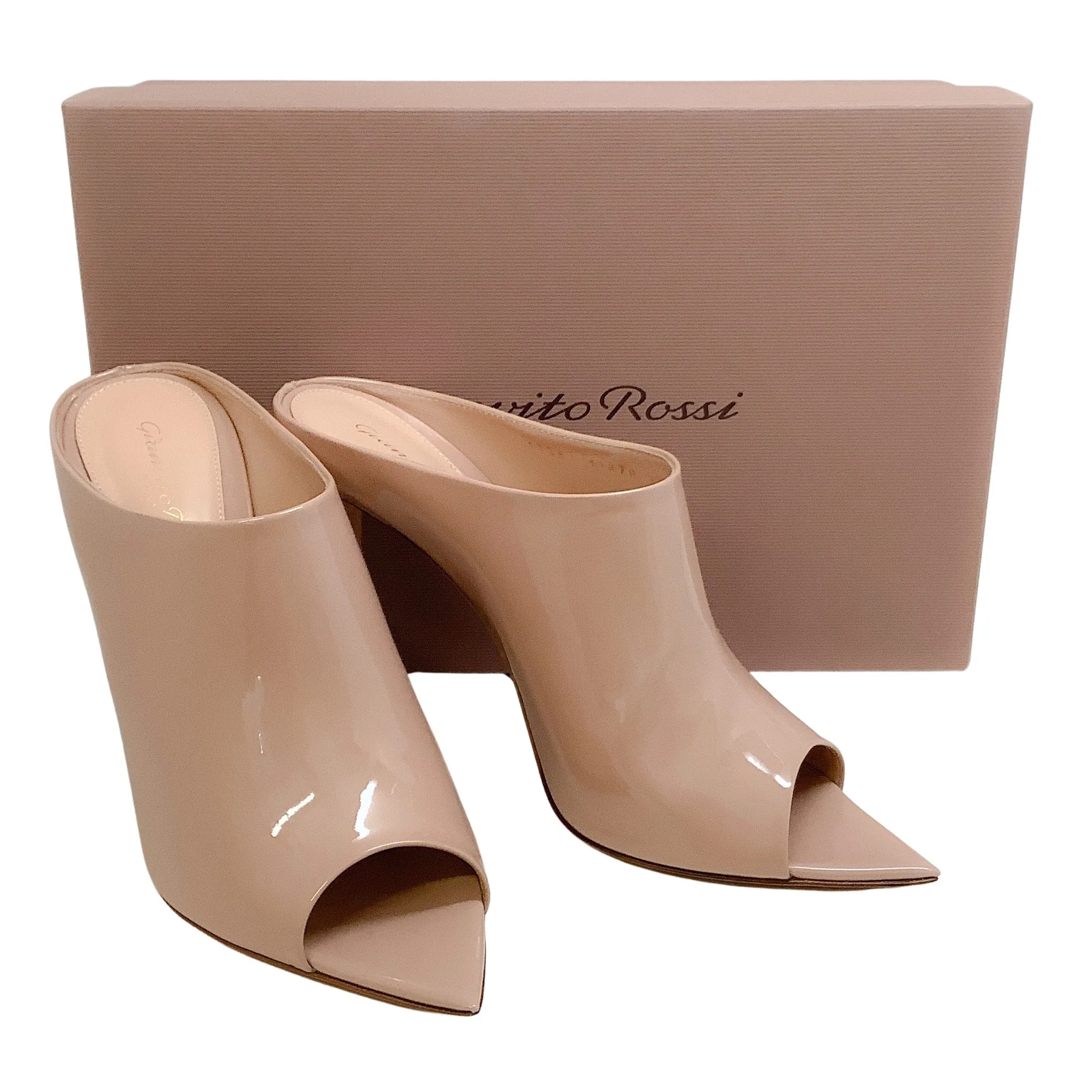 Gianvito Rossi Peach Patent Nova Peep Toe Mules