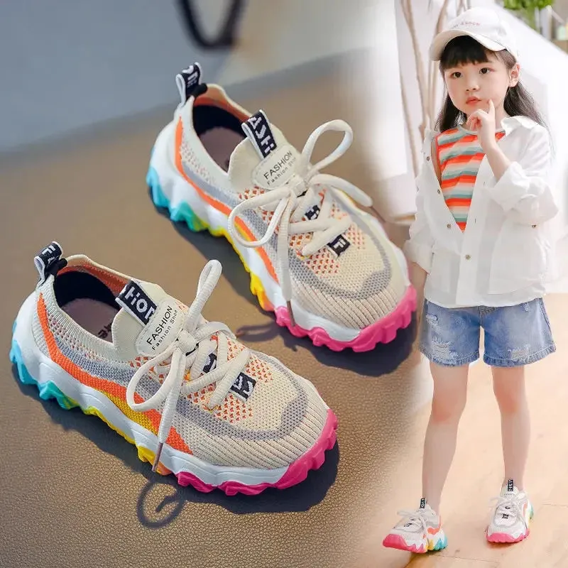 Girl's Casual Sports Shoes Weaving Air Mesh Outdoor Light Running Sneakers Fashion Rainbow Sole Retro