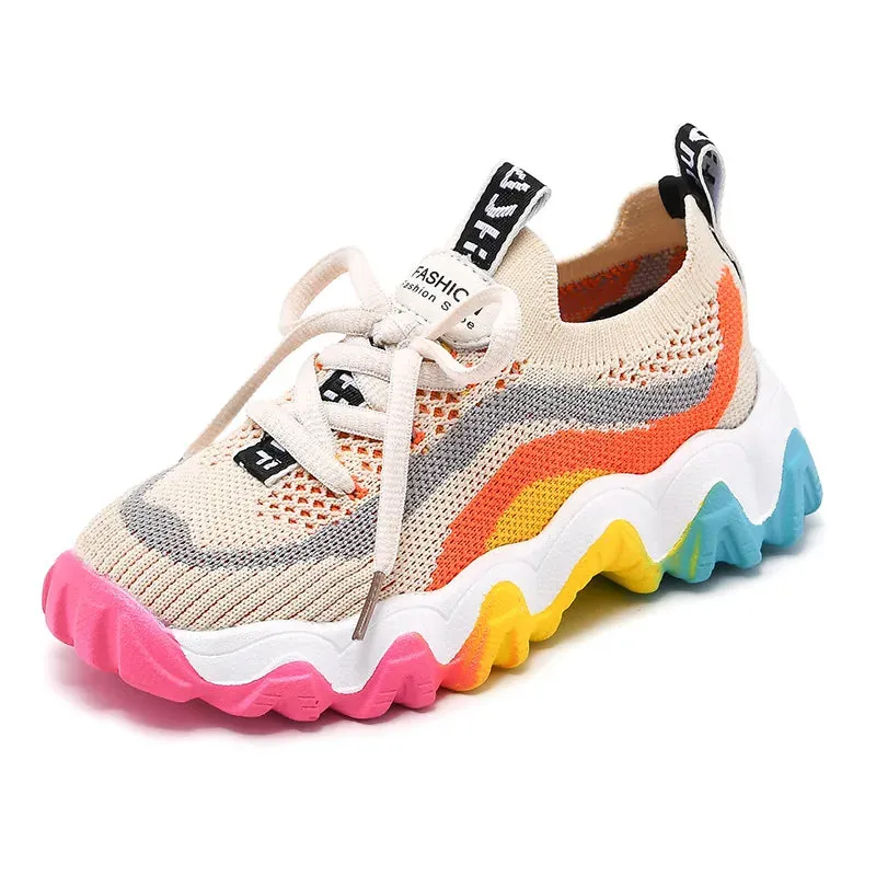 Girl's Casual Sports Shoes Weaving Air Mesh Outdoor Light Running Sneakers Fashion Rainbow Sole Retro