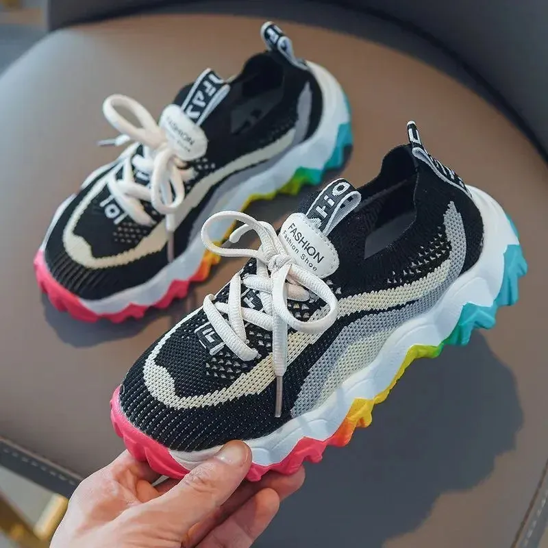 Girl's Casual Sports Shoes Weaving Air Mesh Outdoor Light Running Sneakers Fashion Rainbow Sole Retro