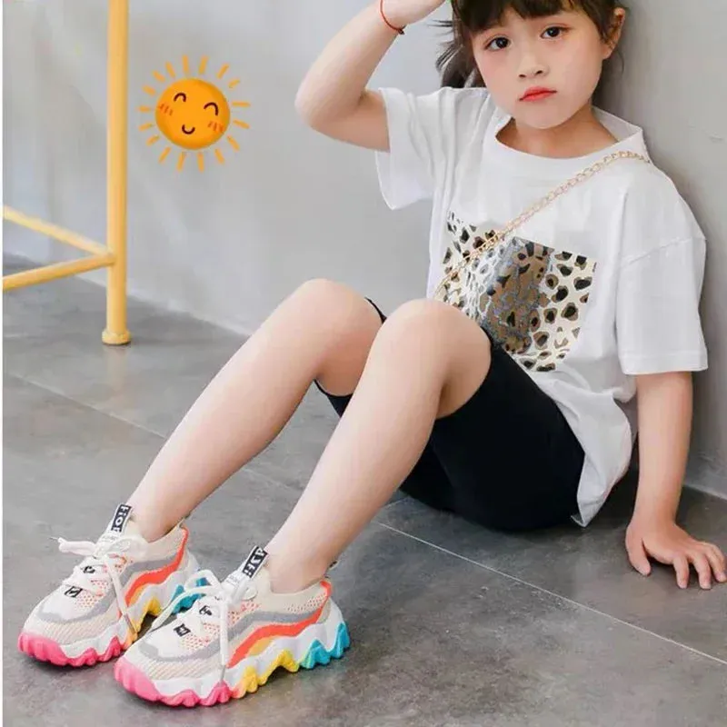 Girl's Casual Sports Shoes Weaving Air Mesh Outdoor Light Running Sneakers Fashion Rainbow Sole Retro